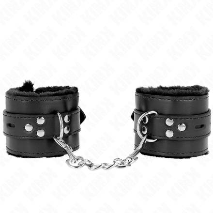 KINK - POLSINI IMBOTTITI IN PELLICCIA CON FORI QUADRI NERI E CINTURA NERA REGOLABILE 17-29 CM X 6 CM