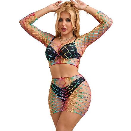 SUBBLIME - 952440 BODYSTOCKING A RETE 2 PEZZI MANICA LUNGA ARCOBALENO TAGLIA UNICA