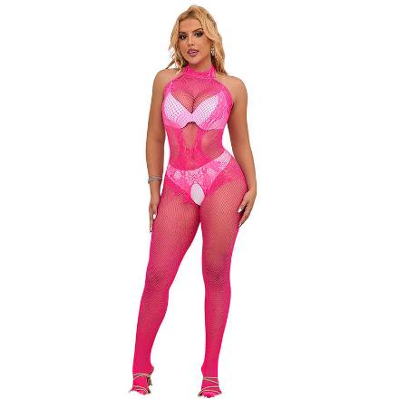 SUBBLIME - 952389 BODYSTOCKING A RETE E PIZZO SENZA CAVALLO CON COLLO ALTO ROSA TAGLIA UNICA