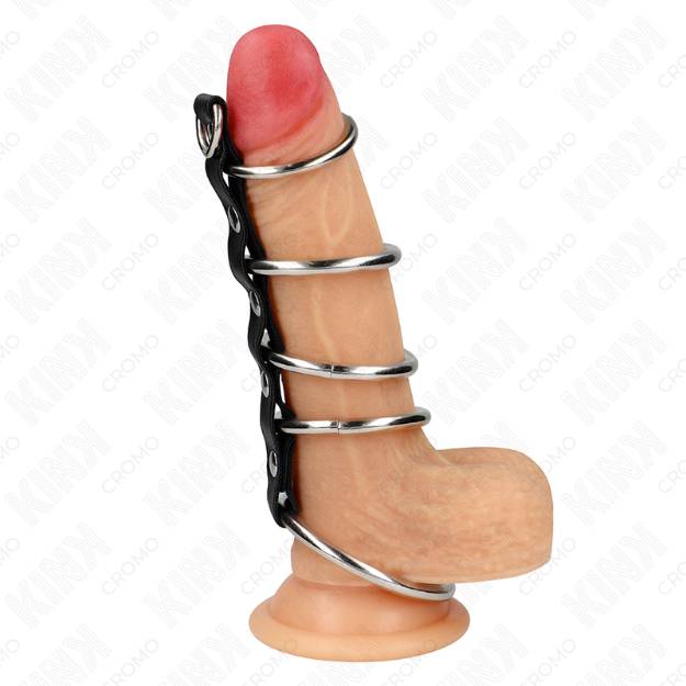 KINK - 5 ANELLI PER PENE IN METALLO DA 3,2 CM A 5 CM COLLEGATI DA PELLE