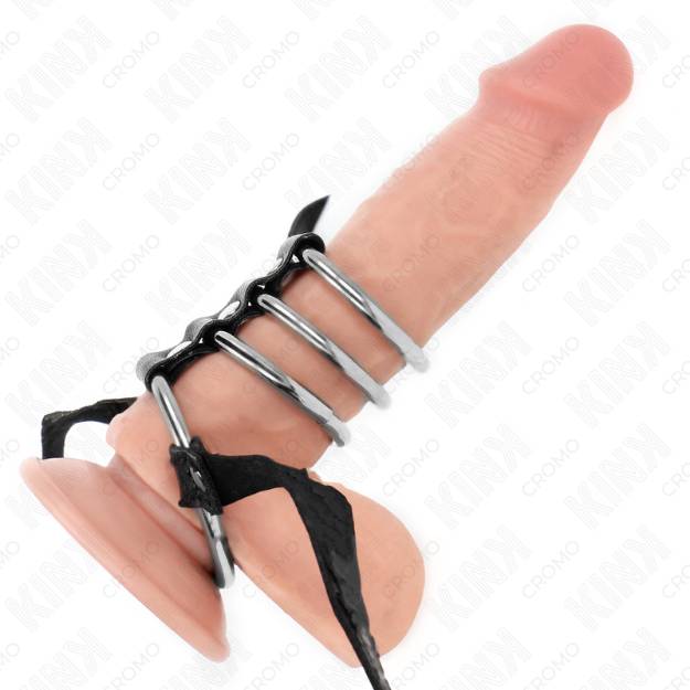 KINK - 4 ANELLI PER PENE IN METALLO COLLEGATI DA 3,8 CM A 5 CM CON CINTURA IN PELLE 112 CM