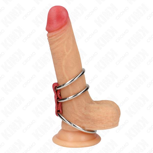 KINK - ANELLO PER PENE IN TRIPLO METALLO DA 3,7 CM A 5 CM COLLEGATO CON PELLE ROSSA