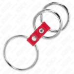 KINK - ANELLO PER PENE IN TRIPLO METALLO DA 3,7 CM A 5 CM COLLEGATO CON PELLE ROSSA