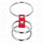 KINK - ANELLO PER PENE IN TRIPLO METALLO DA 3,7 CM A 5 CM COLLEGATO CON PELLE ROSSA