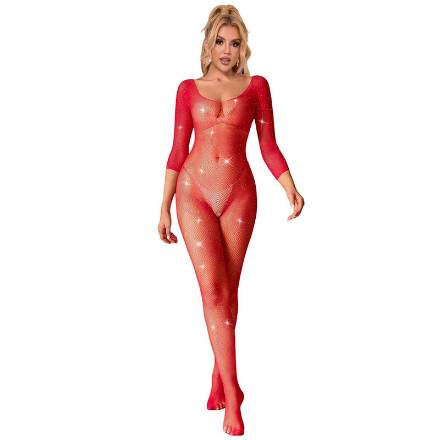 SUBBLIME - 952419 BODYSTOCKING A RETE CON STRASS MANICA LUNGA ROSSO TAGLIA UNICA