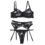 SUBBLIME - SET 3 PEZZI REGGISENO + PERIZOMA + GIARRETTIERA STAMPA FLOREALE NERO S/M