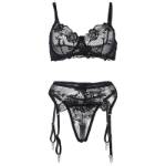 SUBBLIME - SET 3 PEZZI REGGISENO + PERIZOMA + GIARRETTIERA STAMPA FLOREALE NERO S/M