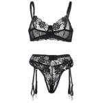 SUBBLIME - SET 3 PEZZI REGGISENO + PERIZOMA + GIARRETTIERA STAMPA FLOREALE NERO L/XL