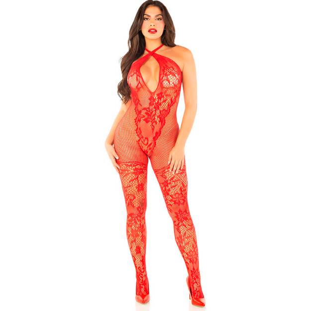 LEG AVENUE - BODYSTOCKING A MAGLIA CON STAMPA A FIORI ROSSO TAGLIA UNICA