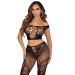 LEG AVENUE - CROP TOP E LEGGING A RETE CON SPALLE SCOPERTE NERO