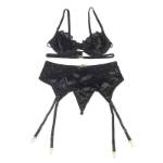 SUBBLIME - SET 3 PEZZI REGGISENO + PERIZOMA + GIARRETTIERA IN PIZZO NERO L/XL